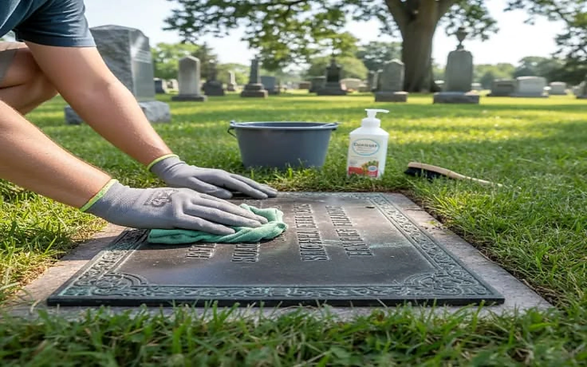 Hand-cleaning a bronze grave marker set flush in the grass